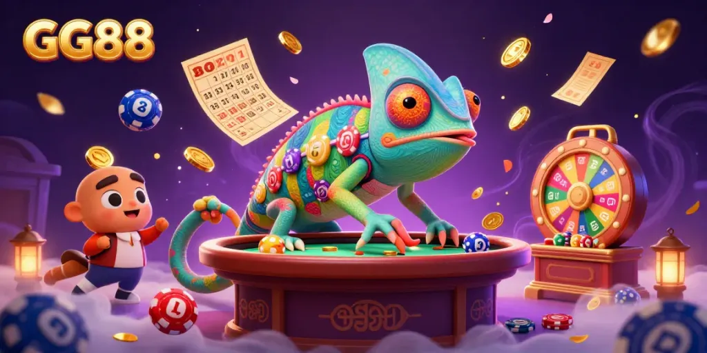 Experience the thrills of GG88 with a vibrant chameleon casino owner in a lively gaming scene.