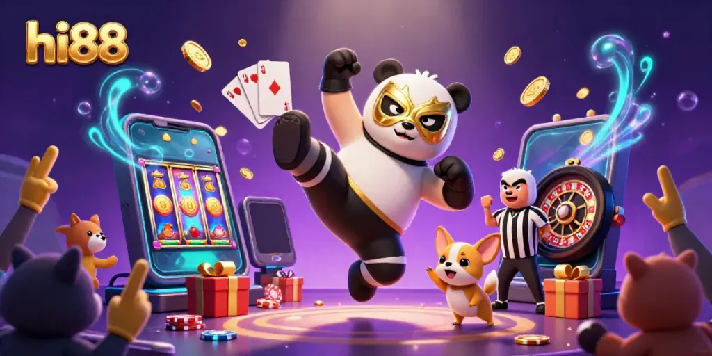 Engaging action scene at hi88 featuring a panda wrestler and chihuahua referee amidst casino elements.