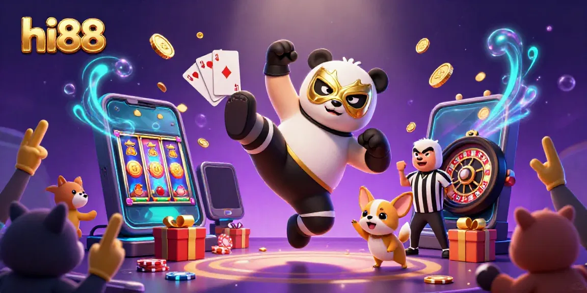 Engaging action scene at hi88 featuring a panda wrestler and chihuahua referee amidst casino elements.