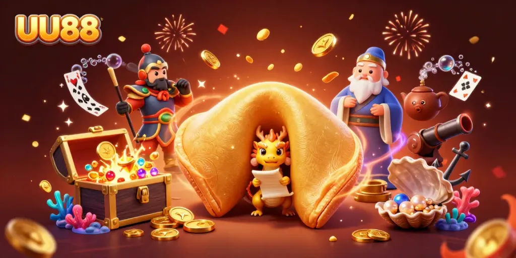 Experience exciting wins at UU88 with this vibrant 3D casino illustration, featuring fantasy elements and poker motifs.