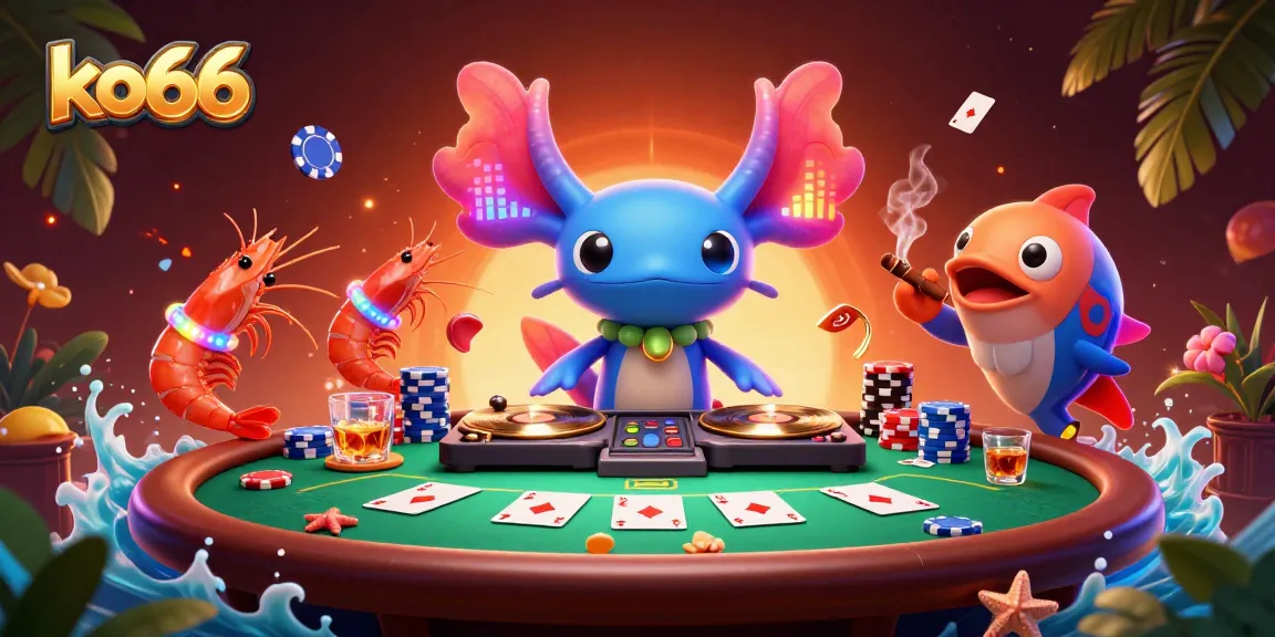 Experience the vibrant ko66 casino magic with a cartoon axolotl DJ spinning records and lively sea creatures all around.