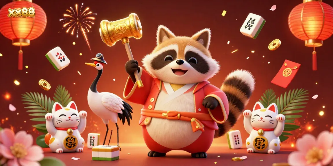 Experience xx88's vibrant casino atmosphere with cheerful tanuki, maneki-neko, and festive decorations.