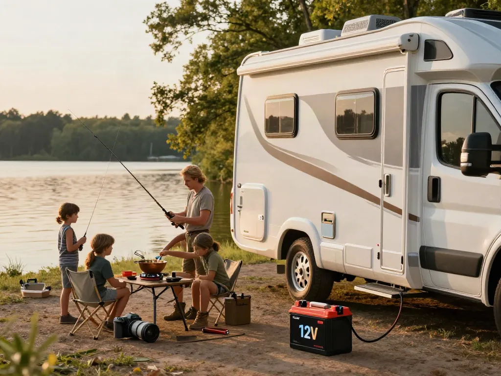 Family enjoying an outdoor lakeside RV trip powered by a 12V battery.