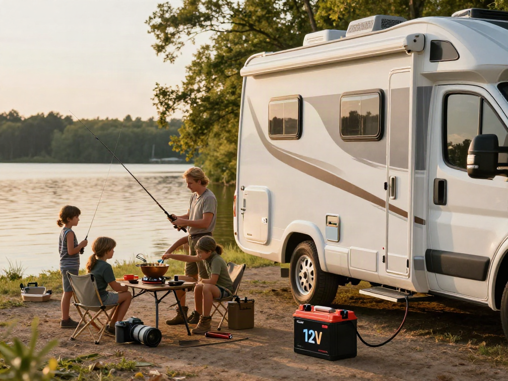 Family enjoying an outdoor lakeside RV trip powered by a 12V battery.