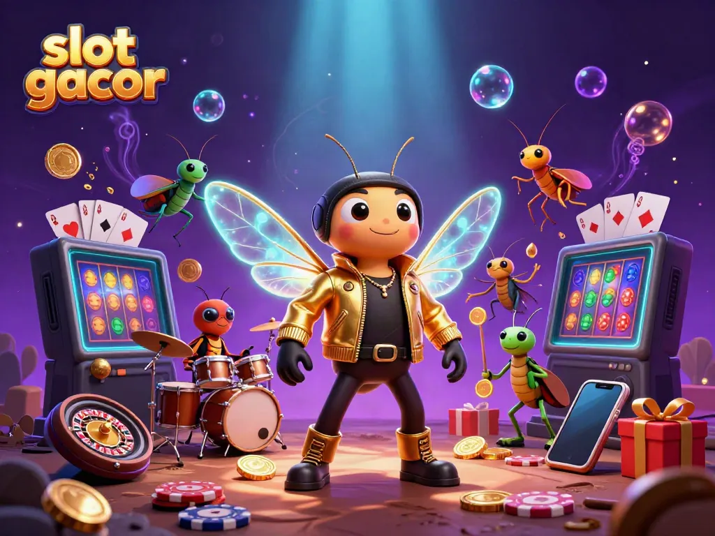 Experience thrilling slot gacor moments with a vibrant 3D rock star ensemble and casino elements.