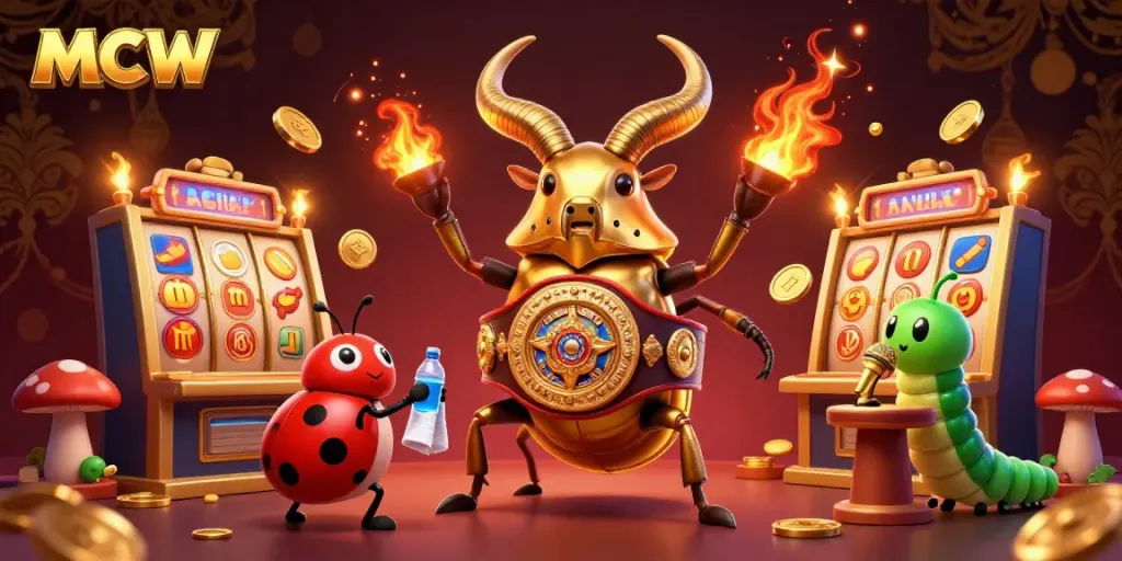 Experience thrilling MCW betting with a giant golden stag beetle and vibrant gambling elements in action.