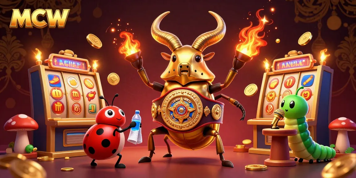 Experience thrilling MCW betting with a giant golden stag beetle and vibrant gambling elements in action.