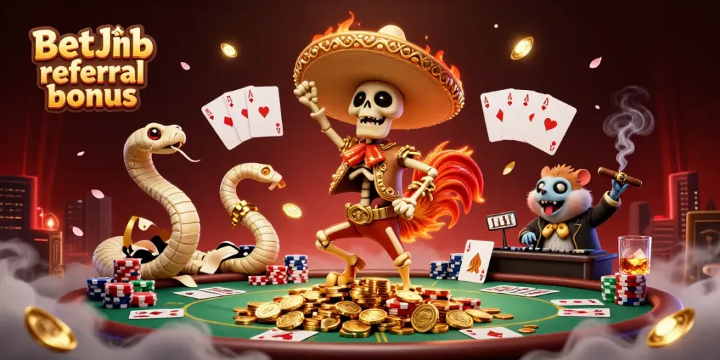 Experience the BetJDB referral bonus with fun characters like a dancing rooster and DJ hamster in a vibrant casino scene.
