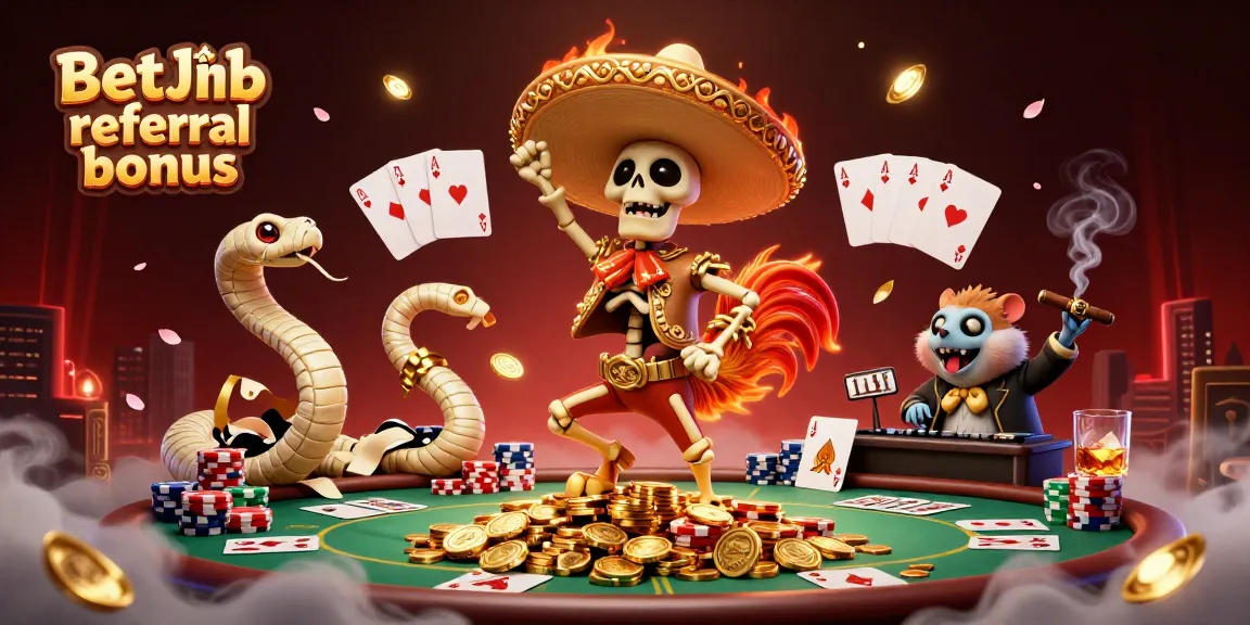 Experience the BetJDB referral bonus with fun characters like a dancing rooster and DJ hamster in a vibrant casino scene.