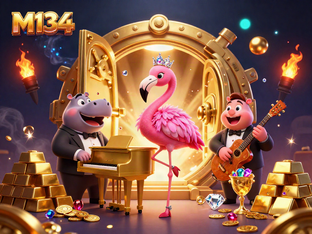 M134: Enjoy casino fun with a flamingo singer and hippo bassist surrounded by treasures.
