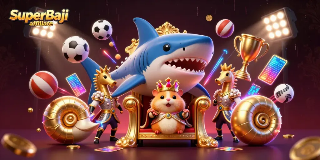 Engage with the exciting SuperBaji affiliate scene showcasing a golden hamster king and dynamic sports elements.