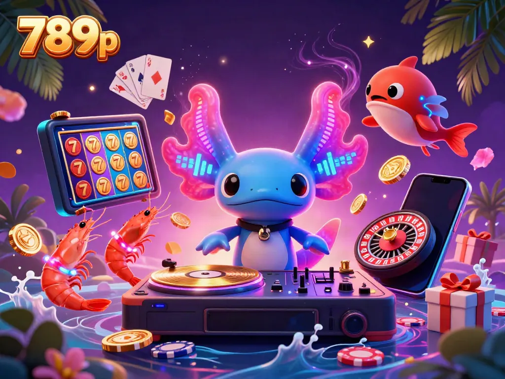 Engaging scene of axolotl DJ spinning at a vibrant casino-themed party with 789p branding.