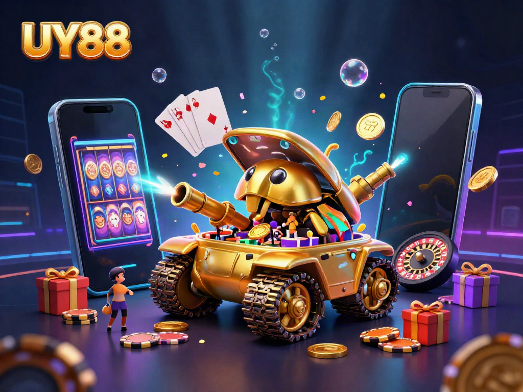 Engage with UY88's vibrant online gaming world from a fun 3D casino beetle tank scene.