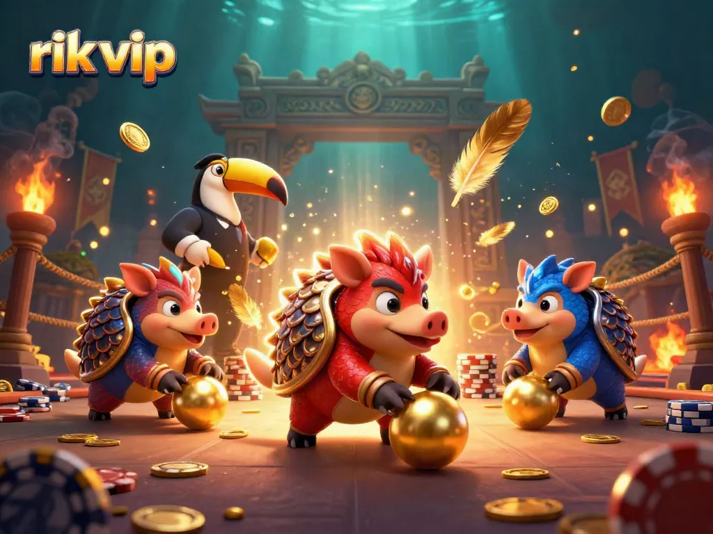 Experience the excitement of rik vip with dynamic pangolin characters rolling through poker chips in a beautifully illustrated gaming scene.