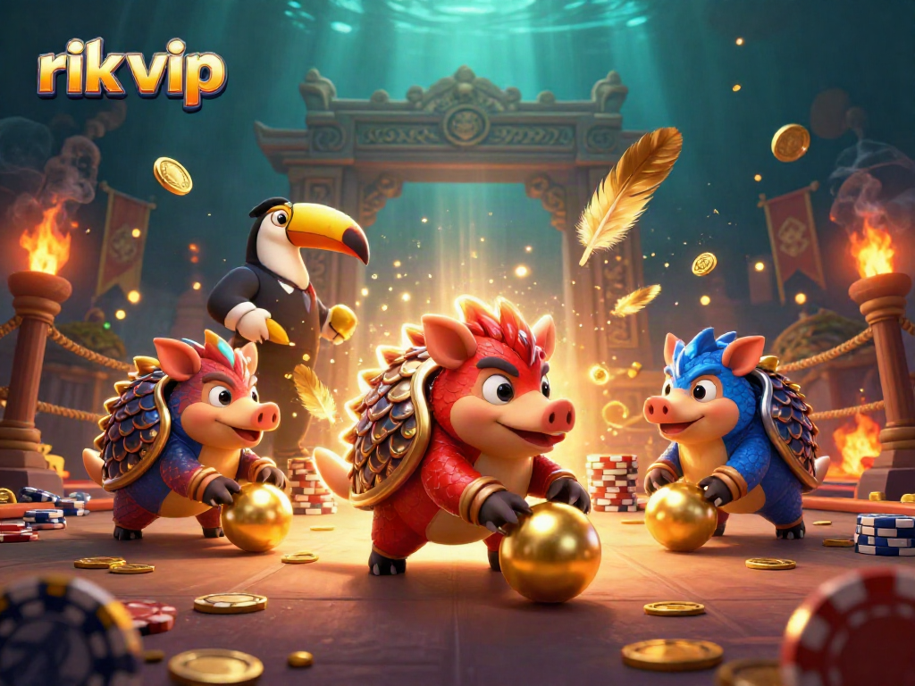 Experience the excitement of rik vip with dynamic pangolin characters rolling through poker chips in a beautifully illustrated gaming scene.