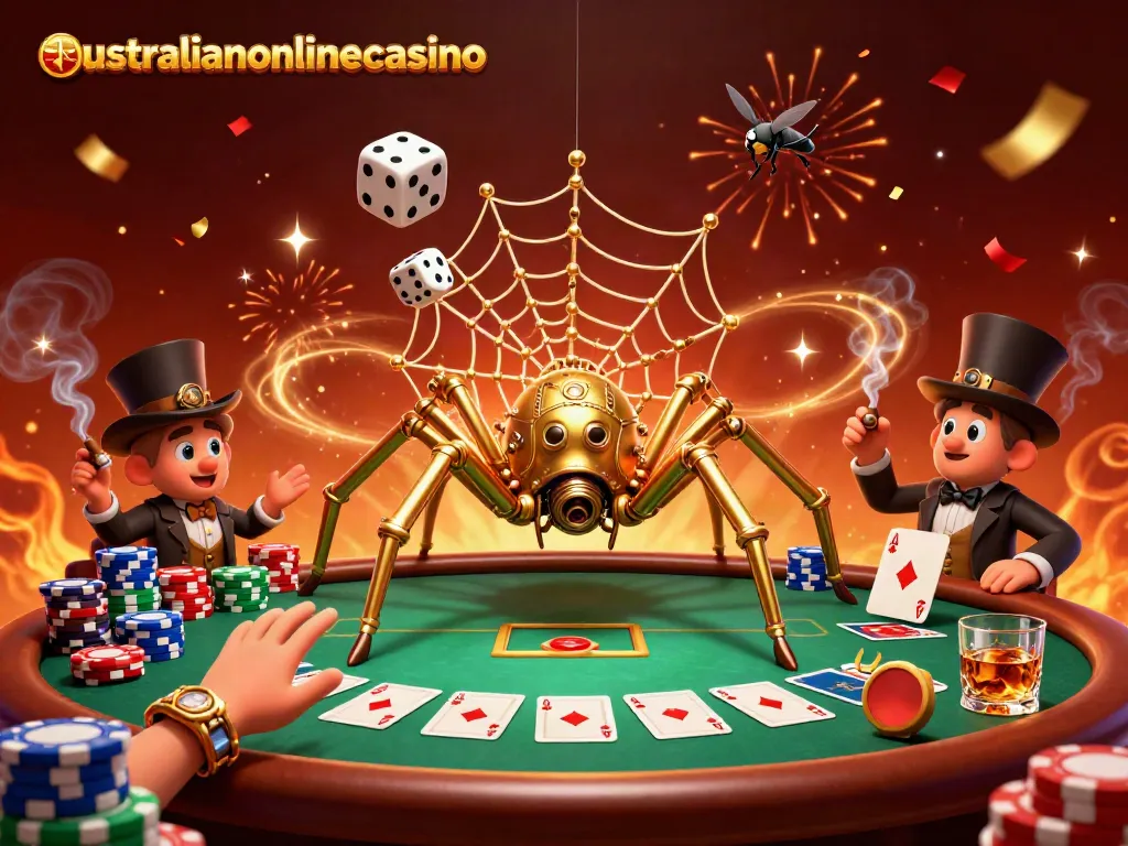 A 3D cartoon scene depicting a steampunk spider weaving a golden web, illustrating the australianonlinecasino theme.