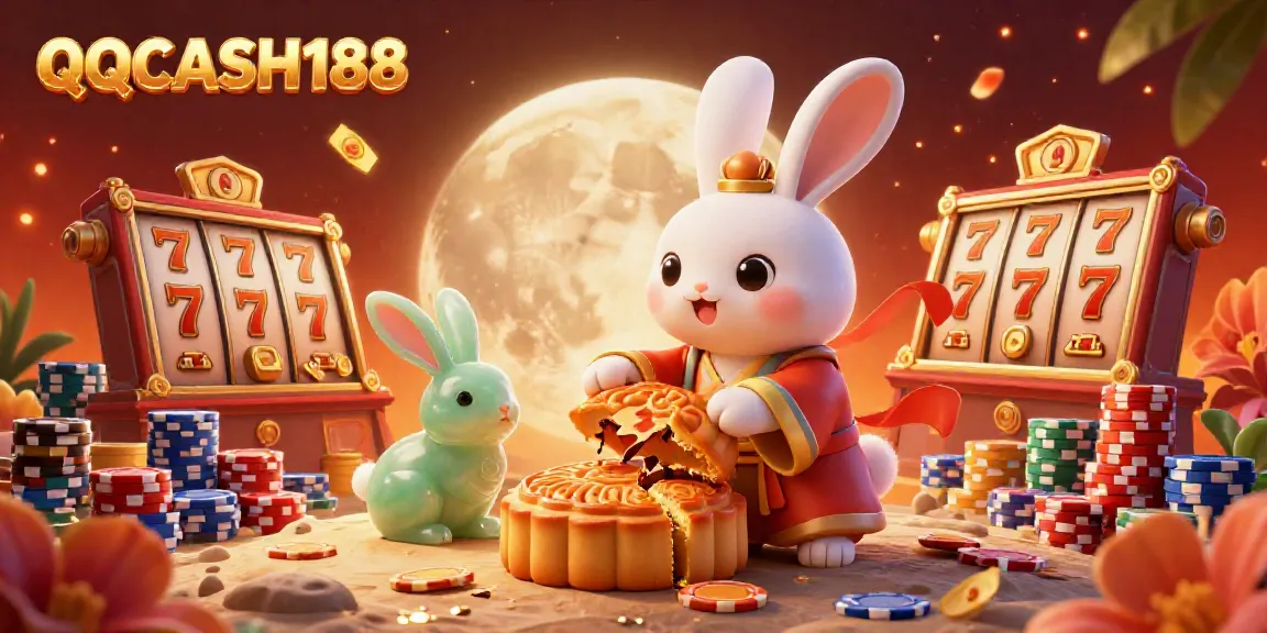 Experience QQCASH188 with the moon rabbit celebrating gambling wins, surrounded by dynamic slot machines and poker chips.