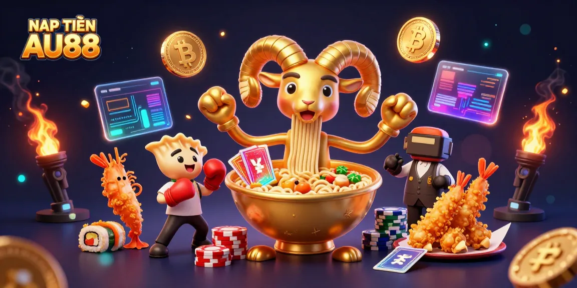 NẠP TIỀN AU88 with a giant ramen bowl character dealing cards and chips, surrounded by Bitcoin and Ethereum coins.