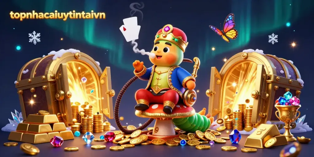 Experience the vibrant world of topnhacaiuytintaivn with a captivating 3D illustration of an enormous caterpillar in a sultan outfit, surrounded by a treasure vault bursting with gold and gems.