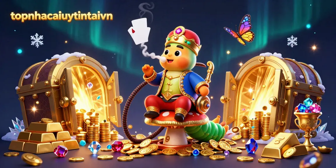 Experience the vibrant world of topnhacaiuytintaivn with a captivating 3D illustration of an enormous caterpillar in a sultan outfit, surrounded by a treasure vault bursting with gold and gems.