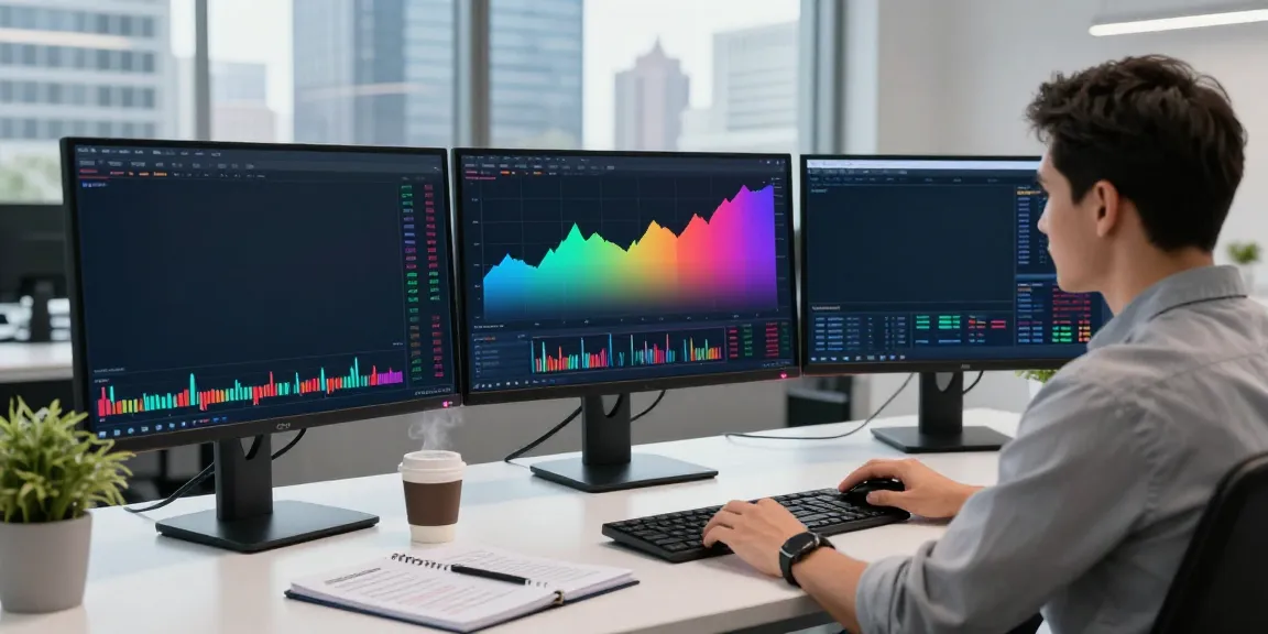 Trader using TradingView on multiple screens in a modern office.