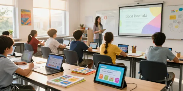 Toto language learning app being used in a vibrant classroom setting.