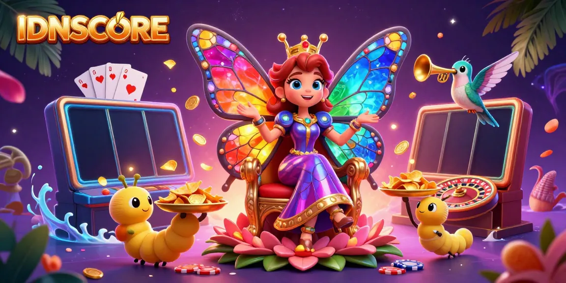 IDNSCORE transforms online gaming with vibrant visuals featuring a whimsical butterfly queen among slot games and casino items.