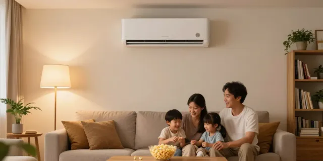Family enjoying comfort with mini split air conditioner in stylish living room.