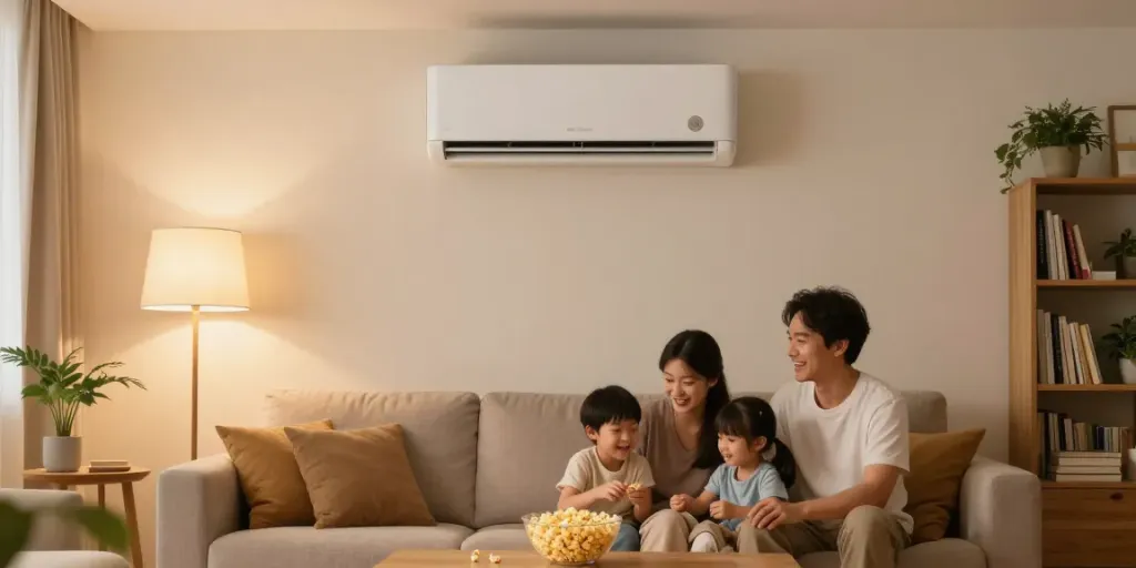 Family enjoying comfort with mini split air conditioner in stylish living room.