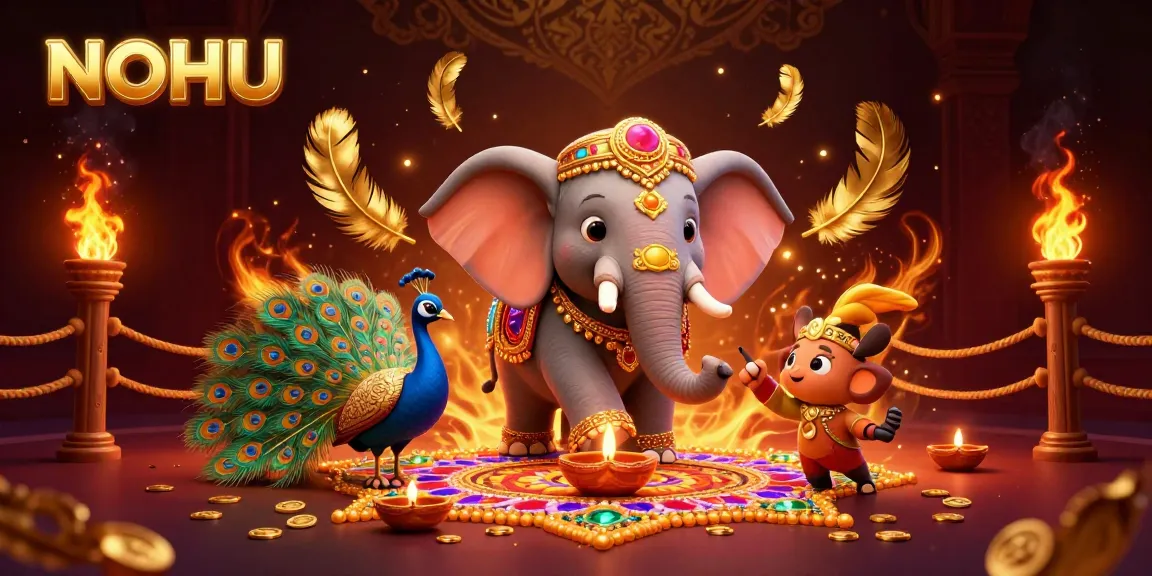 NOHU brings players excitement with a vibrant 3D illustration of an elephant and peacock in a casino-themed setting.