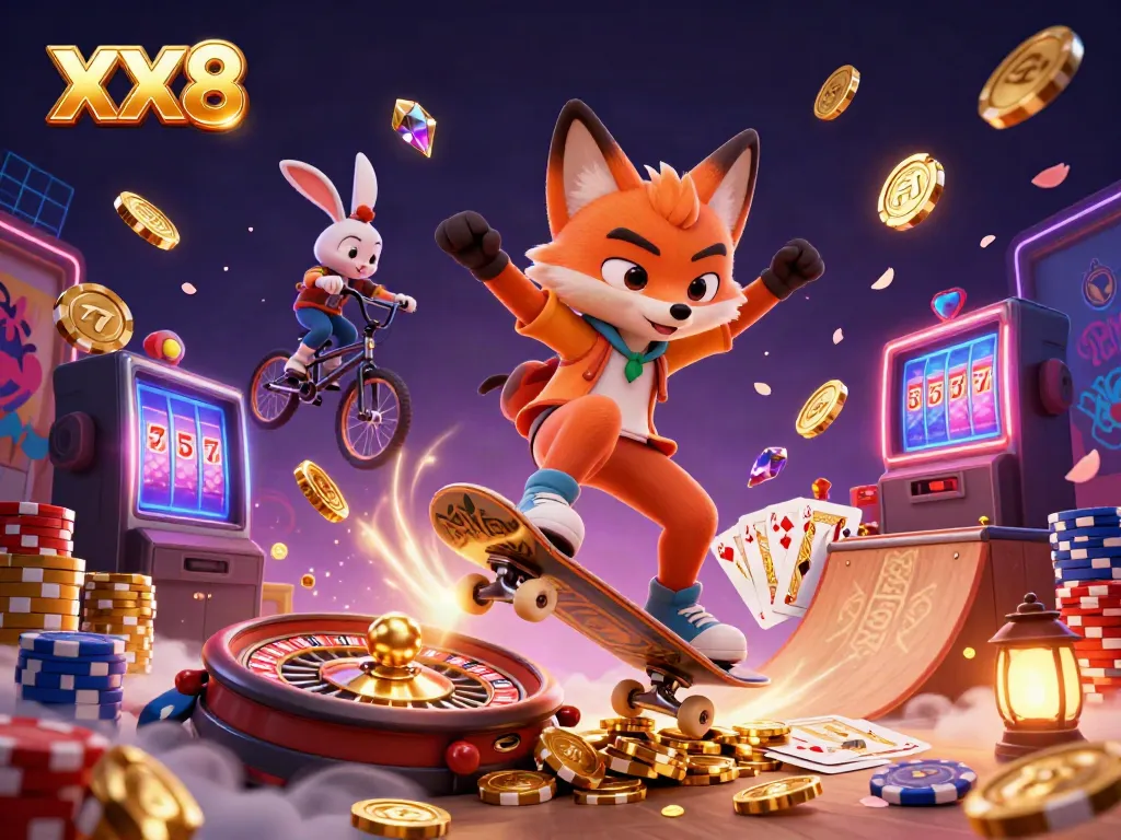 Experience dynamic gaming with the XX8 fox and rabbit in a vibrant, energetic casino scene full of action.