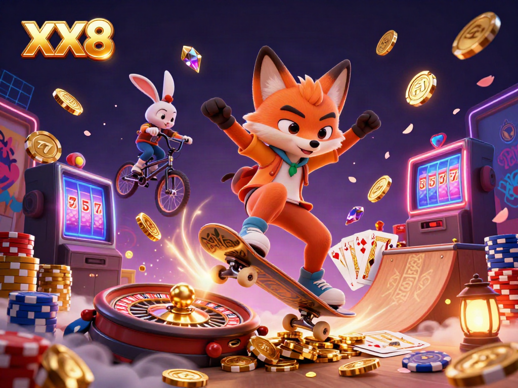 Experience dynamic gaming with the XX8 fox and rabbit in a vibrant, energetic casino scene full of action.