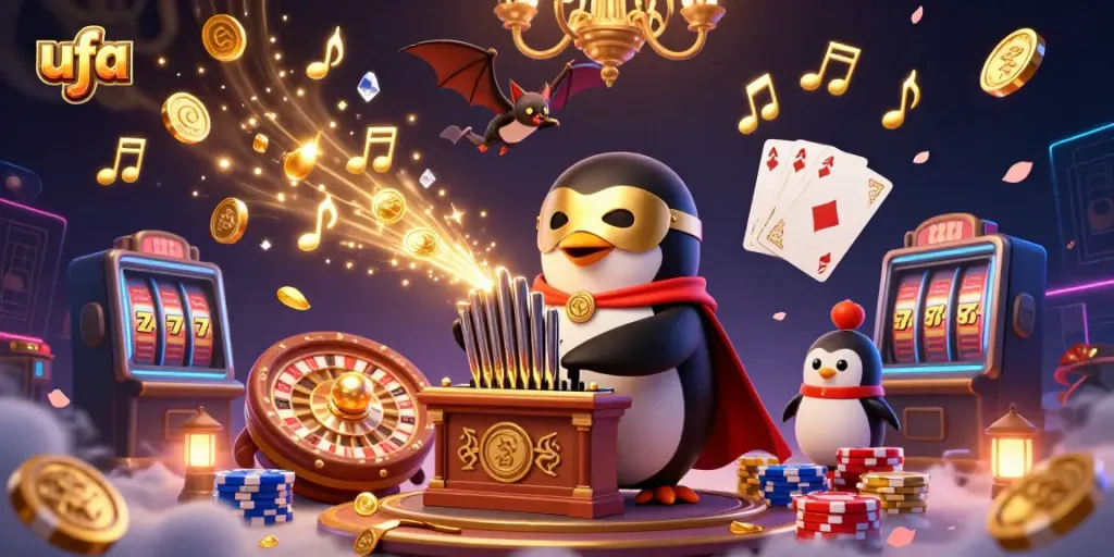 Experience the thrilling action of ufa with a magical casino scene featuring a penguin, bat acrobat, and dynamic game elements.