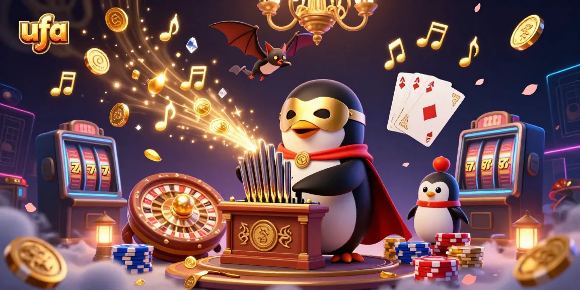 Experience the thrilling action of ufa with a magical casino scene featuring a penguin, bat acrobat, and dynamic game elements.