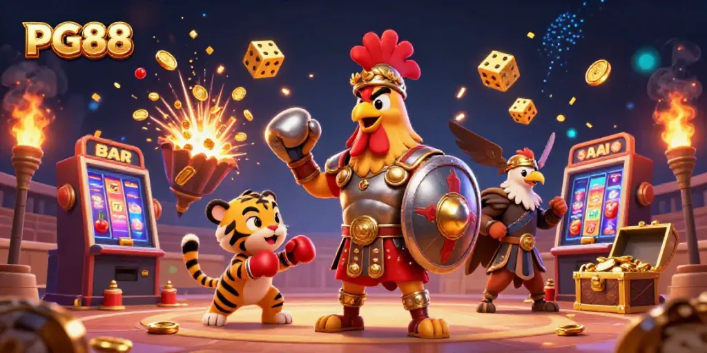 Experience thrills at PG88 with a 3D vibrant digital casino illustration showcasing exciting game elements.