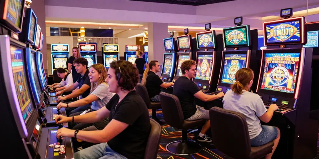 People enjoying a vibrant psgslot machine in a modern casino.