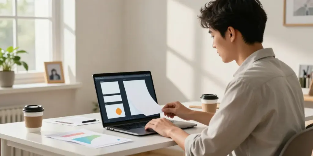 Creating a Replacement Diploma in a bright home office setting with laptop and templates.