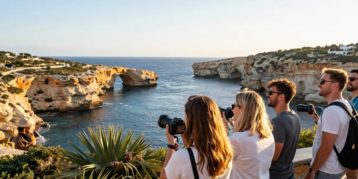 Gozo tours at Azure Window with friends enjoying views and adventure.