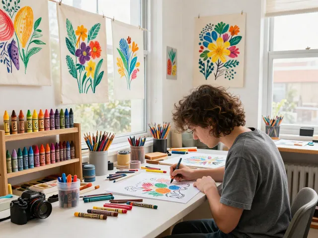 Vibrant artist workspace showcasing the crayon supplier's products and creations.