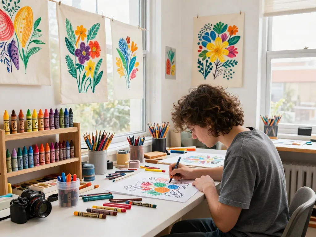 Vibrant artist workspace showcasing the crayon supplier's products and creations.