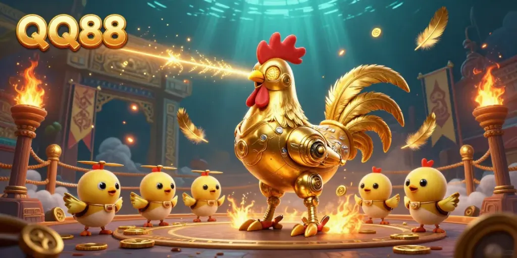 Experience the exciting universe of QQ88 with a futuristic golden rooster robot and baby chick drones amidst dynamic gambling elements.