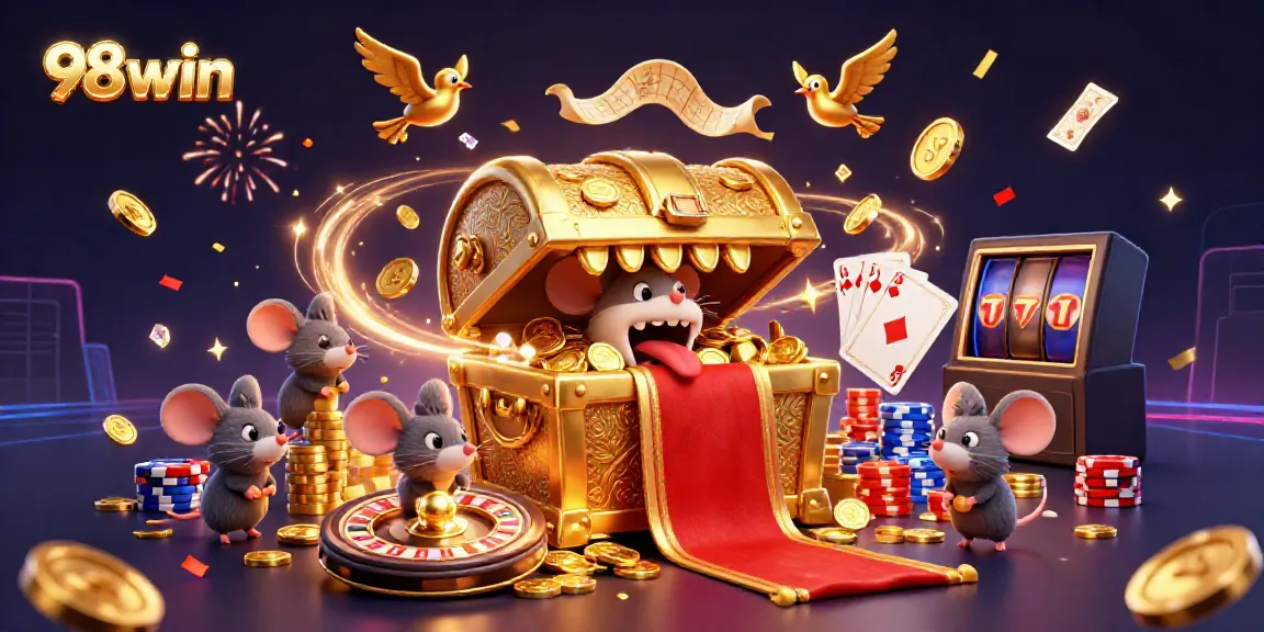 Engage with immersive gaming at 98win, featuring golden treasures and vibrant casino elements.