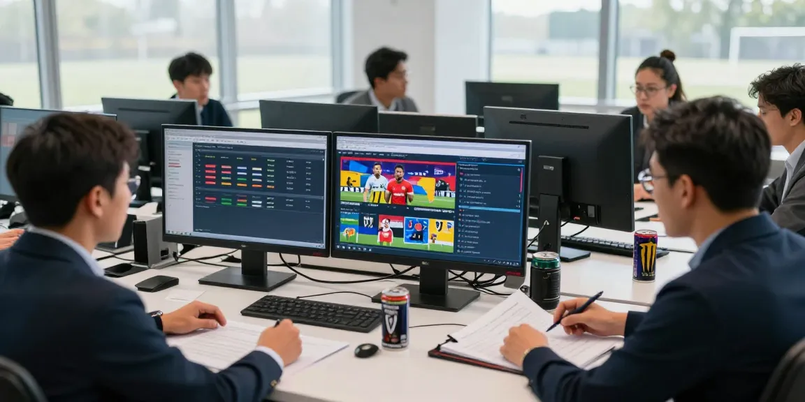 Engaged journalist following ข่าวกีฬาฟุตบอล in a vibrant sports newsroom.