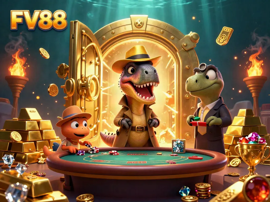 Encapsulating the excitement of FV88, this illustration features characters interacting in a vibrant casino scene, illustrating dynamic gaming elements and prizes.