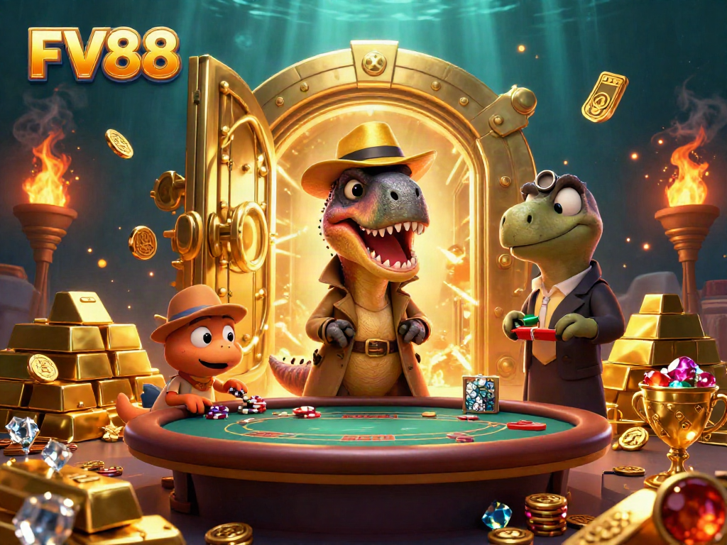Encapsulating the excitement of FV88, this illustration features characters interacting in a vibrant casino scene, illustrating dynamic gaming elements and prizes.