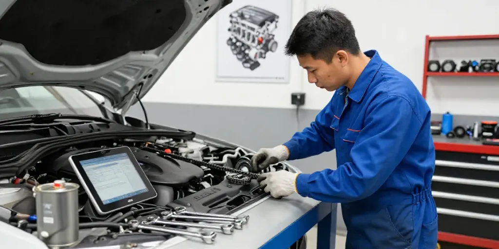 Mechanic inspecting BMW engine timing chain during bmw steuerkette wechseln in a well-lit workshop.