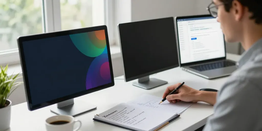 SEO specialist analyzing a backlink audit checklist in a productive office setting.