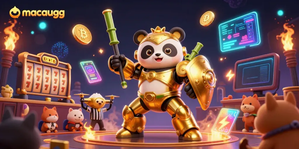 Experience the excitement of macaugg with a vibrant casino scene featuring a golden panda robot and dynamic game elements.