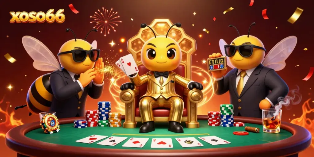 Experience thrilling action at xoso66 with a cartoon bumblebee mob boss ruling a dynamic casino scene.