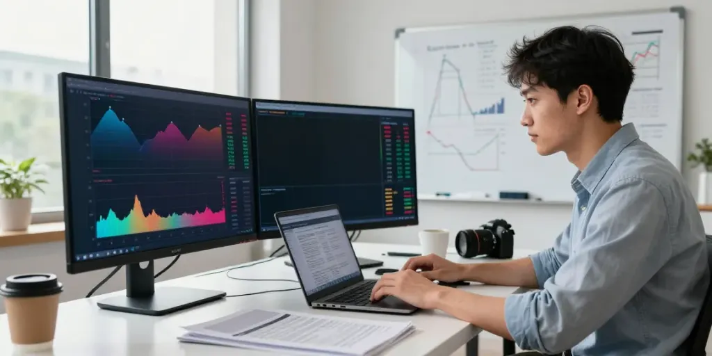 Focused analyst using FintechZoom.com for market insights in a modern home office.